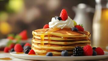 ai generiert Pfannkuchen oder Waffeln, genießen flauschige Pfannkuchen oder knusprig Waffeln gekrönt mit Ahorn Sirup, frisch Frucht, und ein Klacks von ausgepeitscht Creme, Hintergrund Bild foto