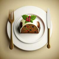 ai generiert Weihnachten Pudding auf ein Teller mit ein Gabel und Messer foto