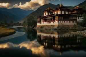 ai generiert das Buddhist Tempel ist reflektiert im das Wasser foto