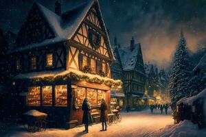 ai generiert ein Weihnachten Szene mit Menschen Gehen durch ein klein Stadt, Dorf foto