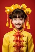 ai generiert Studio Porträt von glücklich asiatisch Mädchen tragen traditionell Chinesisch Kostüm auf rot Hintergrund, glücklich Chinesisch Neu Jahr. foto