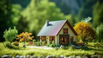 ai generiert Öko freundlich Haus auf Grün Natur Bokeh Hintergrund, Mini Haus auf Grün Gras foto