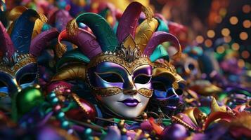 ai generiert Karneval Maske. Karneval gras Party Hintergrund, Karneval Festival Feier, venezianisch Maske, Maskerade Verkleidung foto