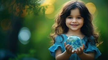ai generiert glücklich Mädchen umarmen Planet Erde. Kind Umarmen Globus Erde zum Welt Schutz, Erde Tag, Welt Umgebung Tag, speichern th Welt. Null Kohlenstoff Dioxid Emissionen foto