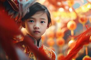 ai generiert glücklich asiatisch Kind feiern Chinesisch Neu Jahr draußen foto