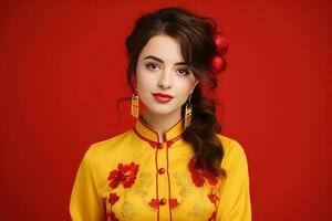 ai generiert glücklich jung europäisch Frau tragen traditionell Chinesisch Kostüm auf Studio Hintergrund, glücklich Chinesisch Neu Jahr foto