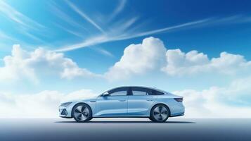 ai generiert elektrisch Fahrzeug Auto oder ev Auto auf wolkig Blau Himmel Hintergrund. nachhaltig und verlängerbar Energie Konzept foto