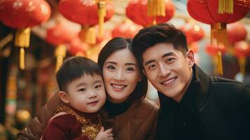 ai generiert glücklich asiatisch Familie feiern Chinesisch Neu Jahr draußen foto