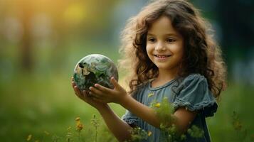 ai generiert glücklich Mädchen umarmen Planet Erde. Kind Umarmen Globus Erde zum Welt Schutz, Erde Tag, Welt Umgebung Tag, speichern th Welt. Null Kohlenstoff Dioxid Emissionen foto