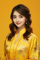 ai generiert Studio Porträt von glücklich jung asiatisch Frau tragen traditionell Chinesisch Kostüm auf Gelb Hintergrund, glücklich Chinesisch Neu Jahr. foto