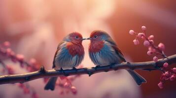 ai generiert Paar von Vogel auf romantisch Valentinsgrüße Hintergrund. Valentinstag Tag Gruß Karte, im Liebe foto