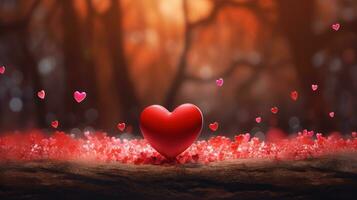 ai generiert rot Herz auf verschwommen Hintergrund. Valentinsgrüße Gruß Karte Einladung, glücklich Valentinstag Tag Hintergrund foto