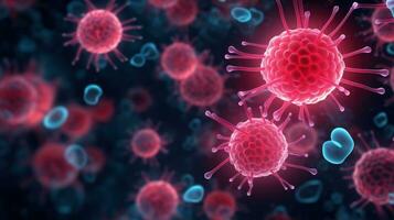 ai generiert Viren Zellen Hintergrund. viral Krankheit Epidemie, mikroskopisch Atemwege Grippe Virus Zellen. Coronavirus Grippe Infektion foto
