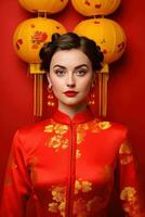 ai generiert Studio Porträt von glücklich jung europäisch Frau tragen traditionell Chinesisch Kostüm auf rot Hintergrund. glücklich Chinesisch Neu Jahr foto