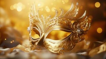 ai generiert golden Karneval Maske auf schön Bokeh Hintergrund. Karneval gras Party, Karneval Festival Feier, venezianisch Maske, Maskerade Verkleidung foto