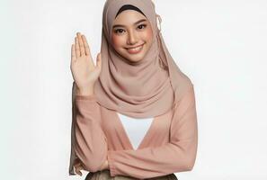 ai generiert asiatisch Muslim Frau im Hijab mit Hände posieren isoliert Weiß Hintergrund foto