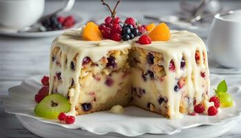 ai generiert ein Kuchen mit Obst und Sahne auf ein Teller foto