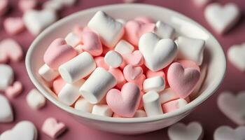 ai generiert ein Schüssel von Marshmallows mit Herzen im Sie foto