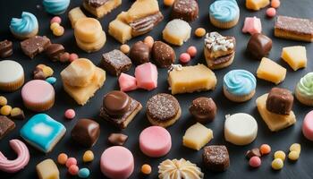 ai generiert Sortiment von Süßigkeiten auf ein schwarz Hintergrund foto