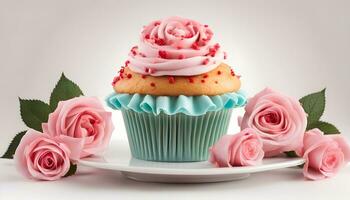 ai generiert Cupcake mit Rosa Glasur auf Weiß Teller mit Rosen foto