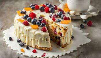 ai generiert ein Kuchen mit frisch Obst auf oben foto