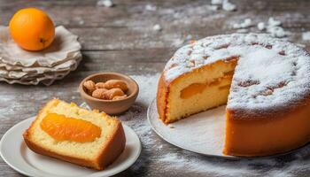 ai generiert ein Kuchen mit Orange Scheiben auf ein Teller foto