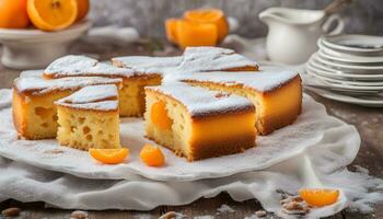 ai generiert ein Kuchen mit Orange Scheiben auf ein Teller foto