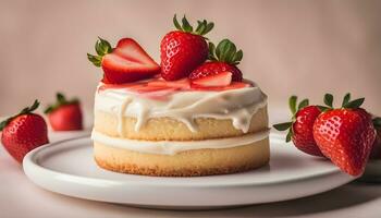 ai generiert ein klein Kuchen mit Glasur und Erdbeeren auf ein Teller foto