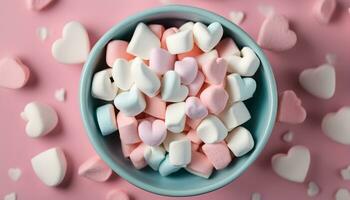 ai generiert ein Schüssel von Marshmallows auf ein Rosa Hintergrund foto