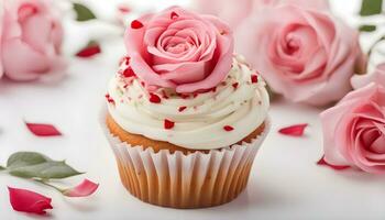 ai generiert ein Cupcake mit Rosa Rosen auf ein Weiß Hintergrund foto