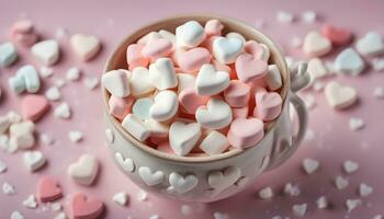 ai generiert ein Tasse voll von Marshmallows auf ein Rosa Hintergrund foto