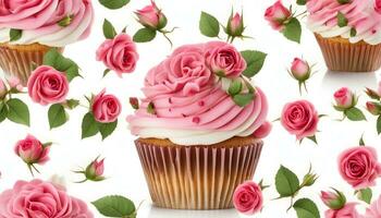 ai generiert Cupcakes mit Rosa Rosen und Blätter auf ein Weiß Hintergrund foto