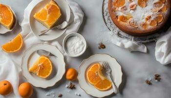 ai generiert Orange Kuchen mit Scheiben und Zucker auf Weiß Platten foto