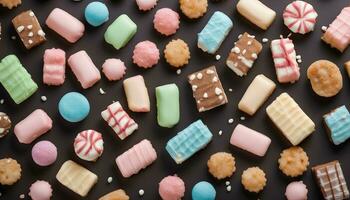 ai generiert viele anders Typen von Kekse und Süßigkeiten auf ein schwarz Hintergrund foto