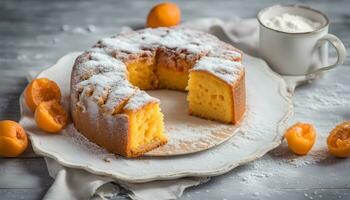 ai generiert ein Kuchen mit Orange Scheiben und pulverisiert Zucker foto