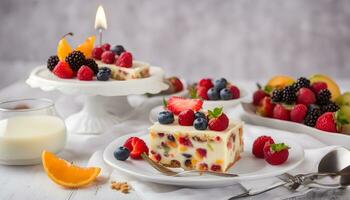 ai generiert ein Stück von Kuchen mit Beeren und Obst auf ein Teller foto