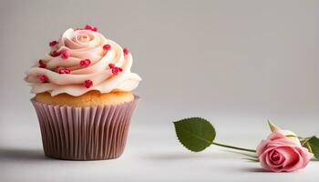 ai generiert ein Cupcake mit Rosa Glasur und ein Single Rose foto