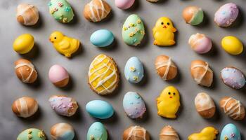 ai generiert Ostern Eier und Kekse auf ein grau Hintergrund foto