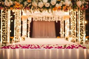 ai generiert ein Hochzeit Zeremonie mit Blumen und Beleuchtung foto