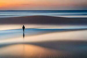 ein einsam Person steht auf das Strand beim Sonnenuntergang. KI-generiert foto