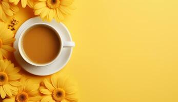 ai generiert Tasse von eben legen Kaffee auf das Tabelle mit Tulpe Hintergrund foto