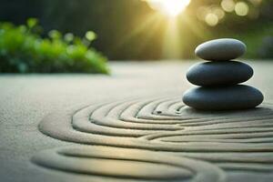 ein Zen Garten mit Steine und ein Sonne leuchtenden. KI-generiert foto