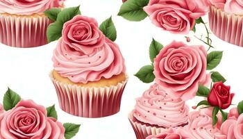 ai generiert Cupcakes mit Rosa Rosen und Blätter sind gezeigt foto