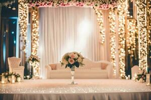 ai generiert ein Hochzeit Bühne dekoriert mit Blumen und Kerzen foto