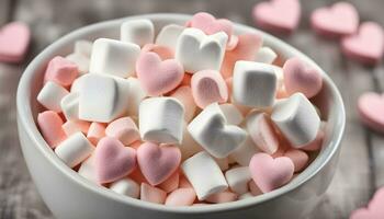 ai generiert ein Schüssel von Marshmallows mit Herzen im Sie foto