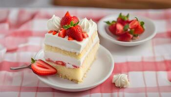 ai generiert ein Scheibe von Kuchen mit Erdbeeren auf oben foto