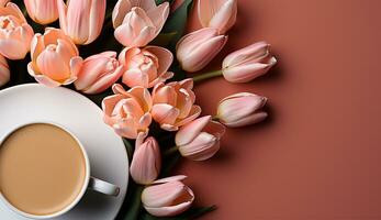 ai generiert eben legen Kaffee Tasse mit Tulpe Blume Hintergrund foto