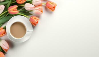 ai generiert Tasse von eben legen Kaffee auf das Tabelle mit Tulpe Hintergrund foto