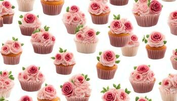ai generiert Cupcakes mit Rosa Rosen auf Weiß Hintergrund foto