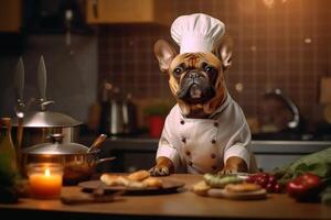 komisch Bild von ein Französisch Bulldogge im ein Koch Kostüm, präsentieren kulinarisch Humor im das Küche Einstellung. Kopieren Raum perfekt zum lebensmittelbezogen Projekte und Unterhaltungsthema Entwürfe, ai generativ foto